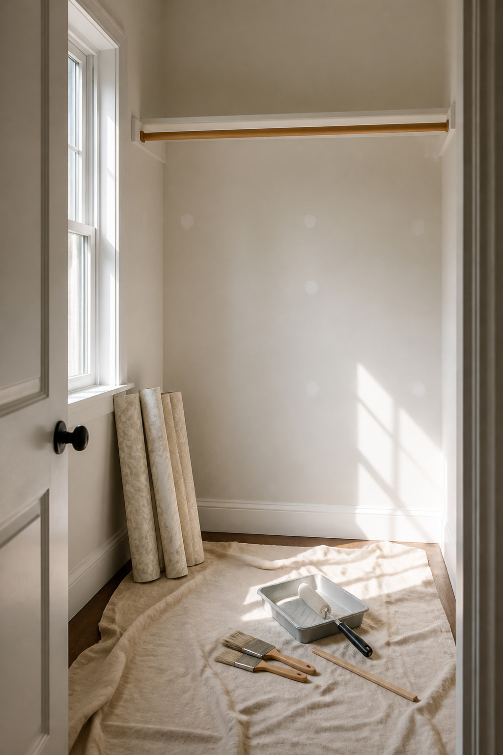 A clean, painted closet space with tools for preparation.