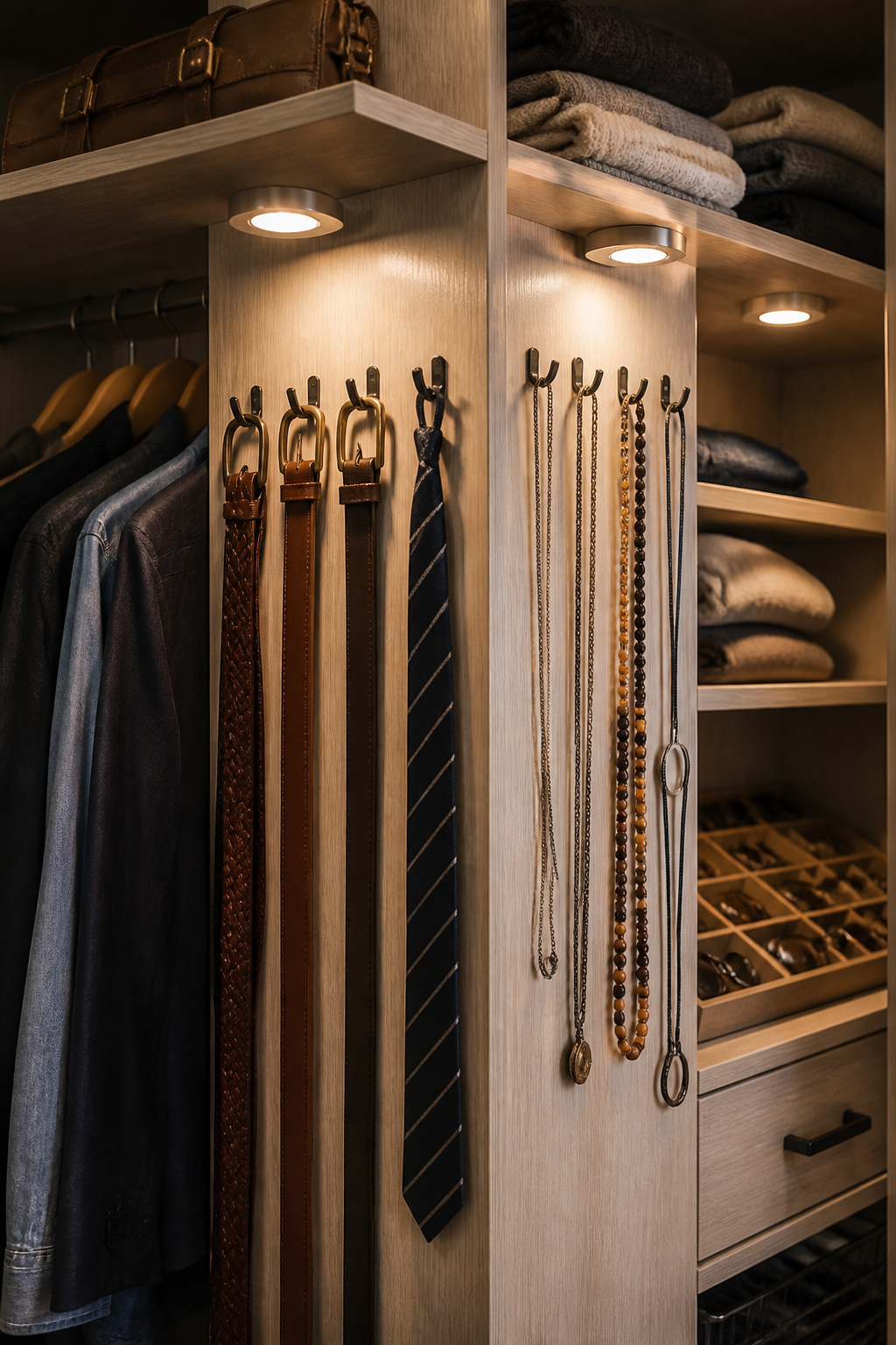 Hooks on shelves holding belts, ties, and necklaces in a closet.