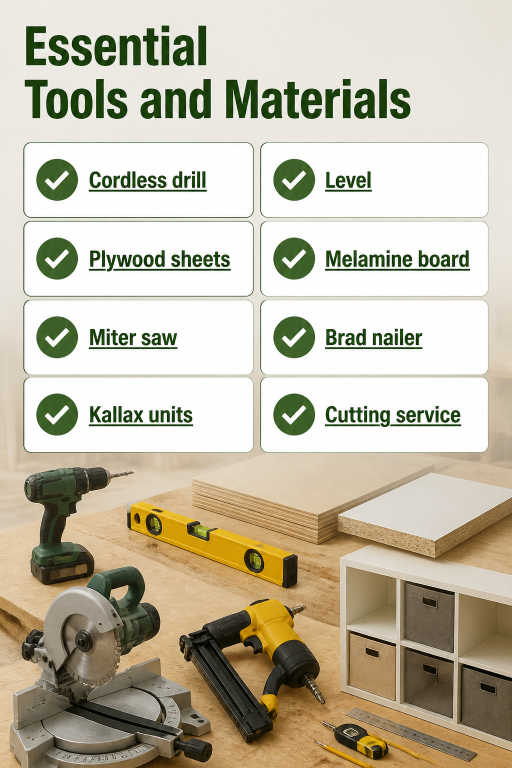 A cordless drill and level among essential tools for closet installation.