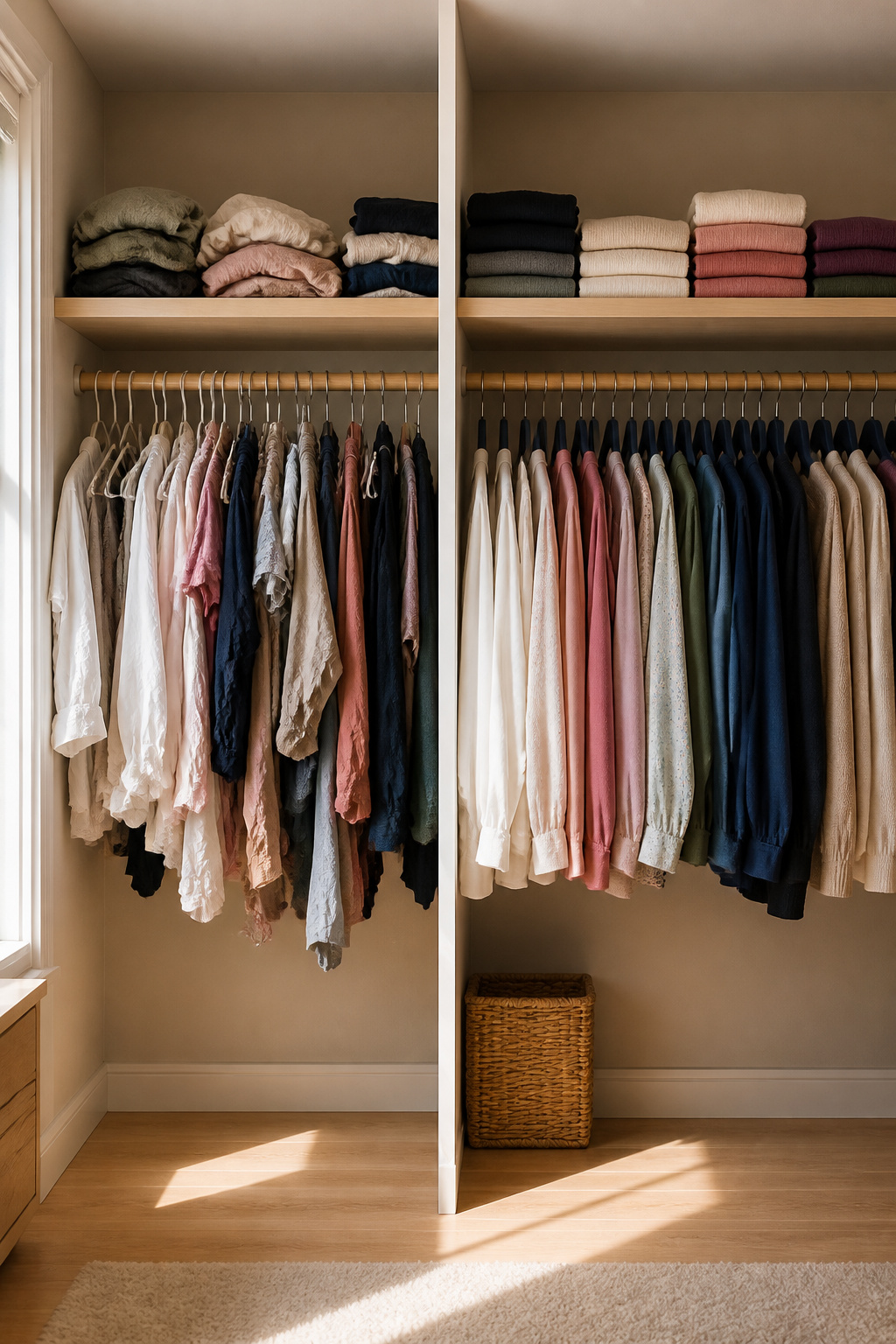 A collection of slim velvet hangers neatly holding various garments.
