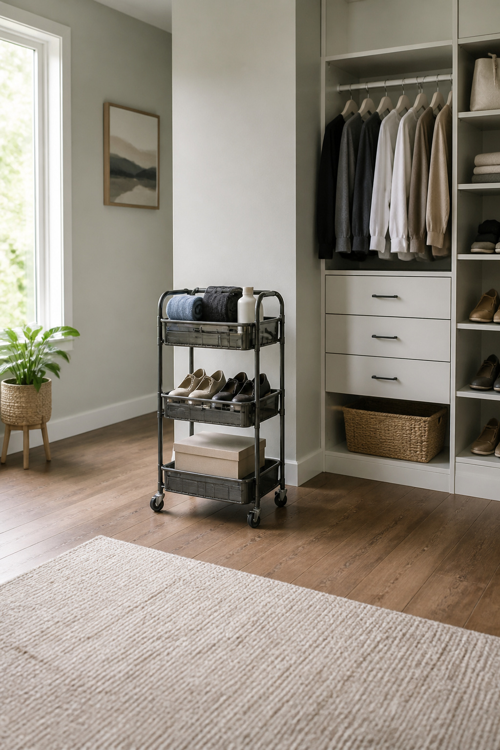 A rolling cart and dresser under a double-hang closet rod.