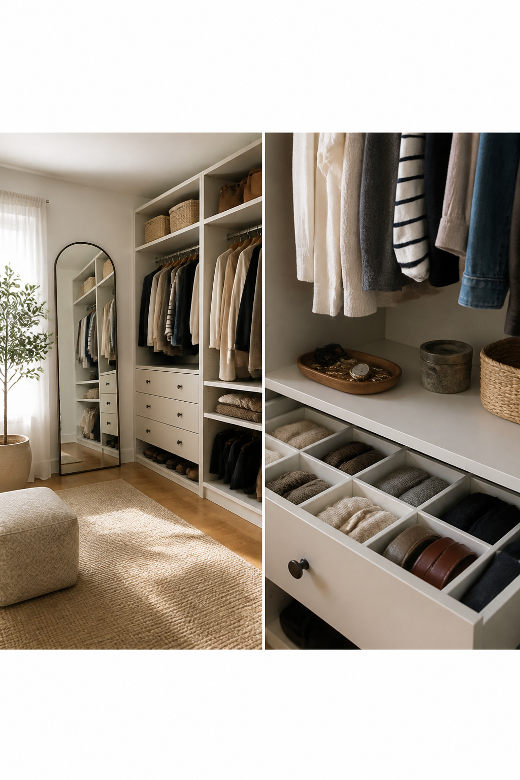 An organized closet space after eliminating unworn clothing.