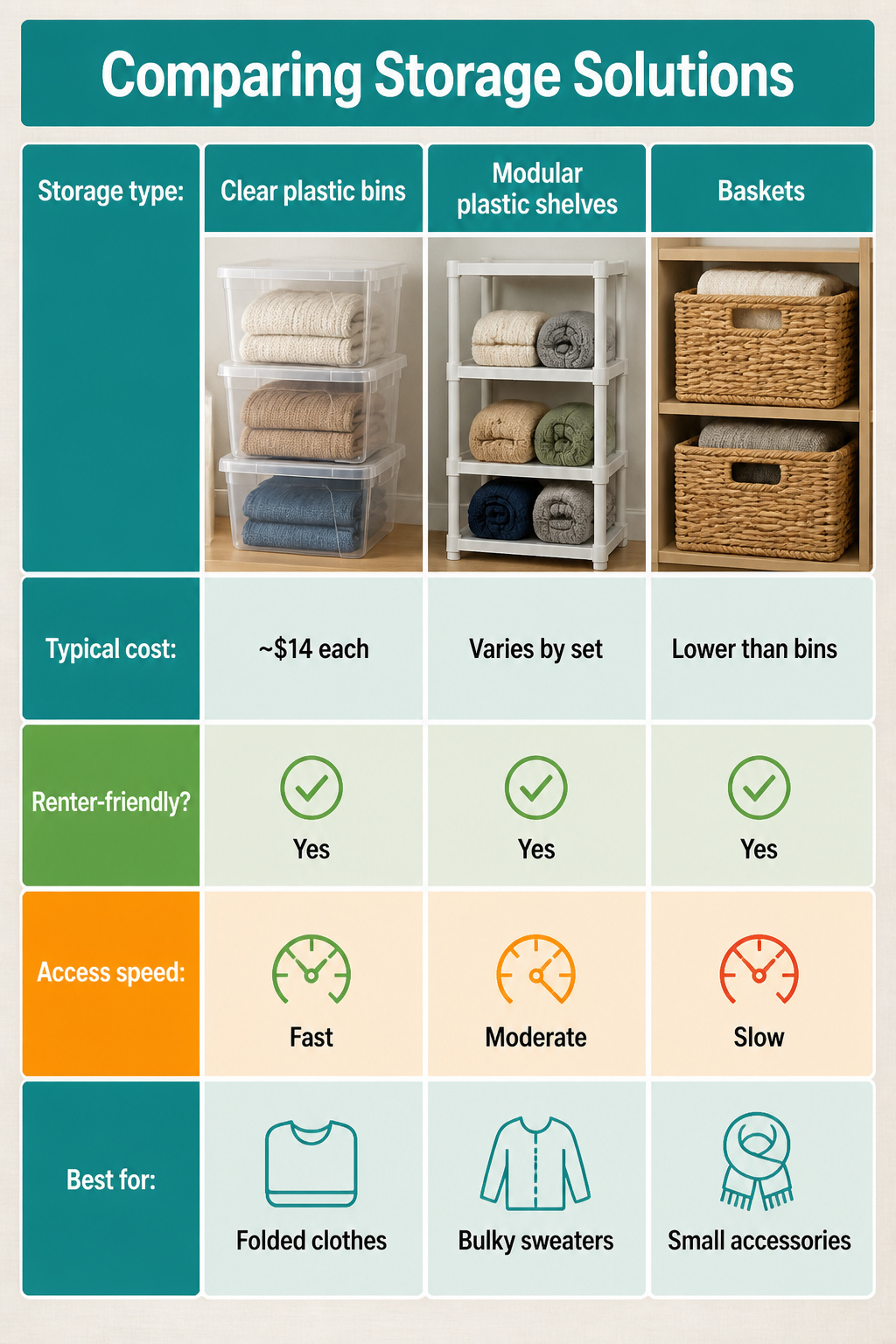 A chart comparing various storage types and their features.