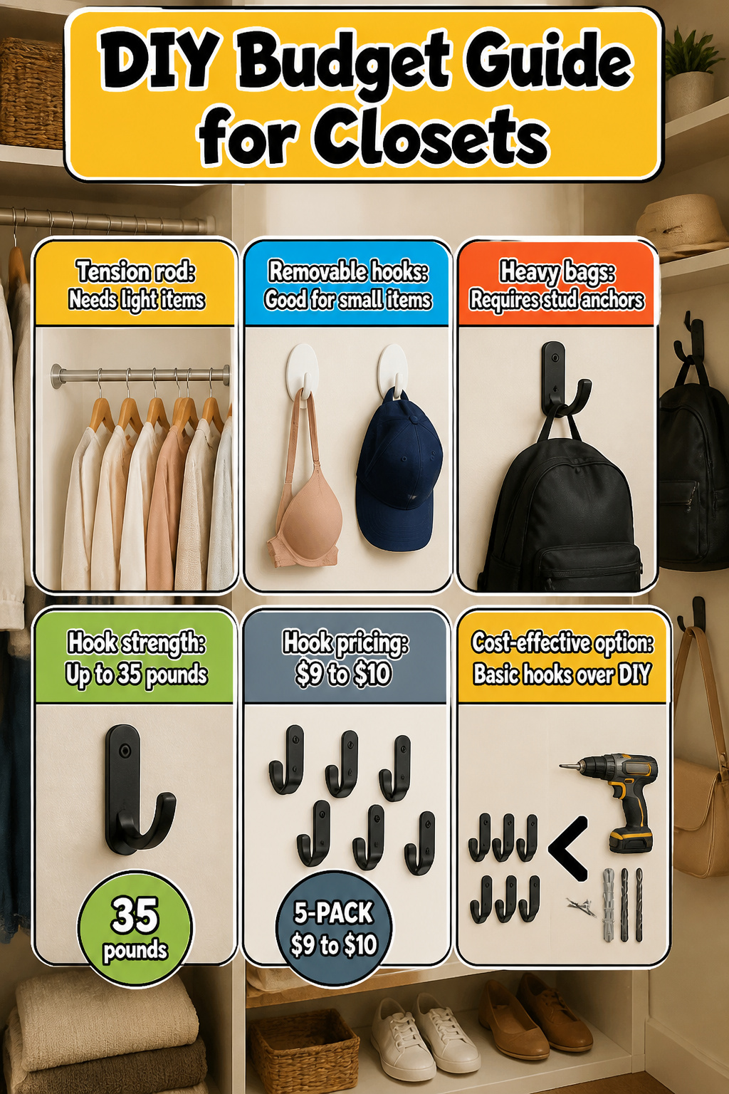 A guide showcasing affordable DIY storage solutions for closets.