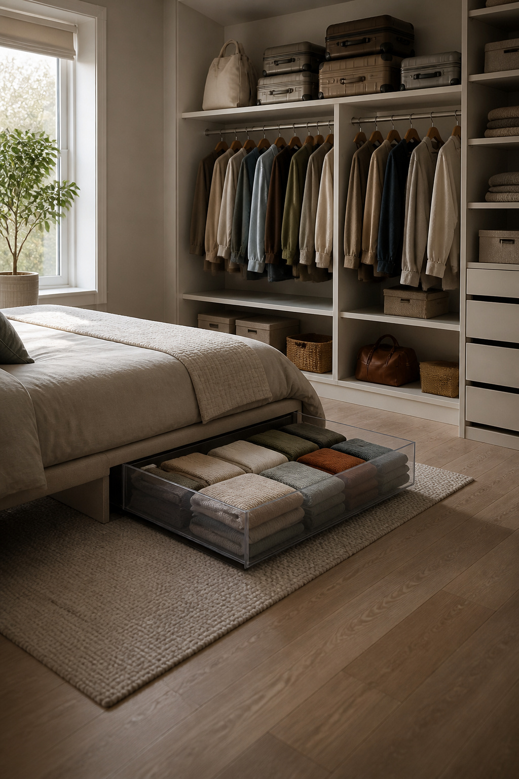 Under-bed storage drawers and suitcases used for seasonal items.