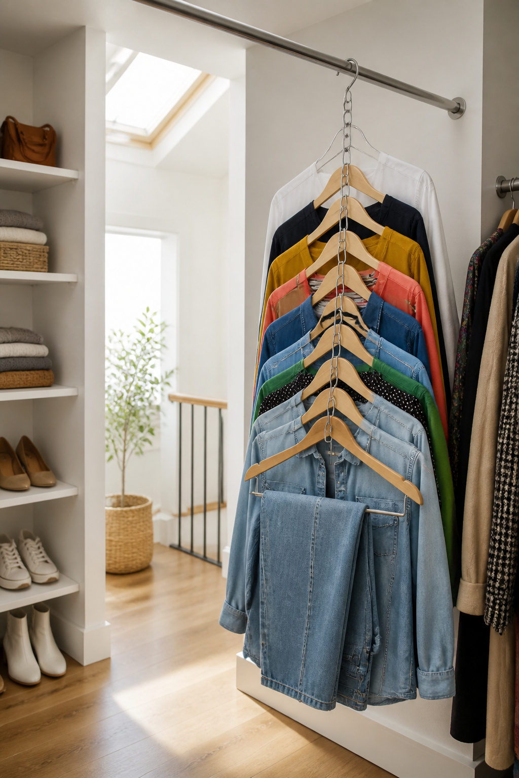 A series of cascading hangers with brightly colored shirts and pants.