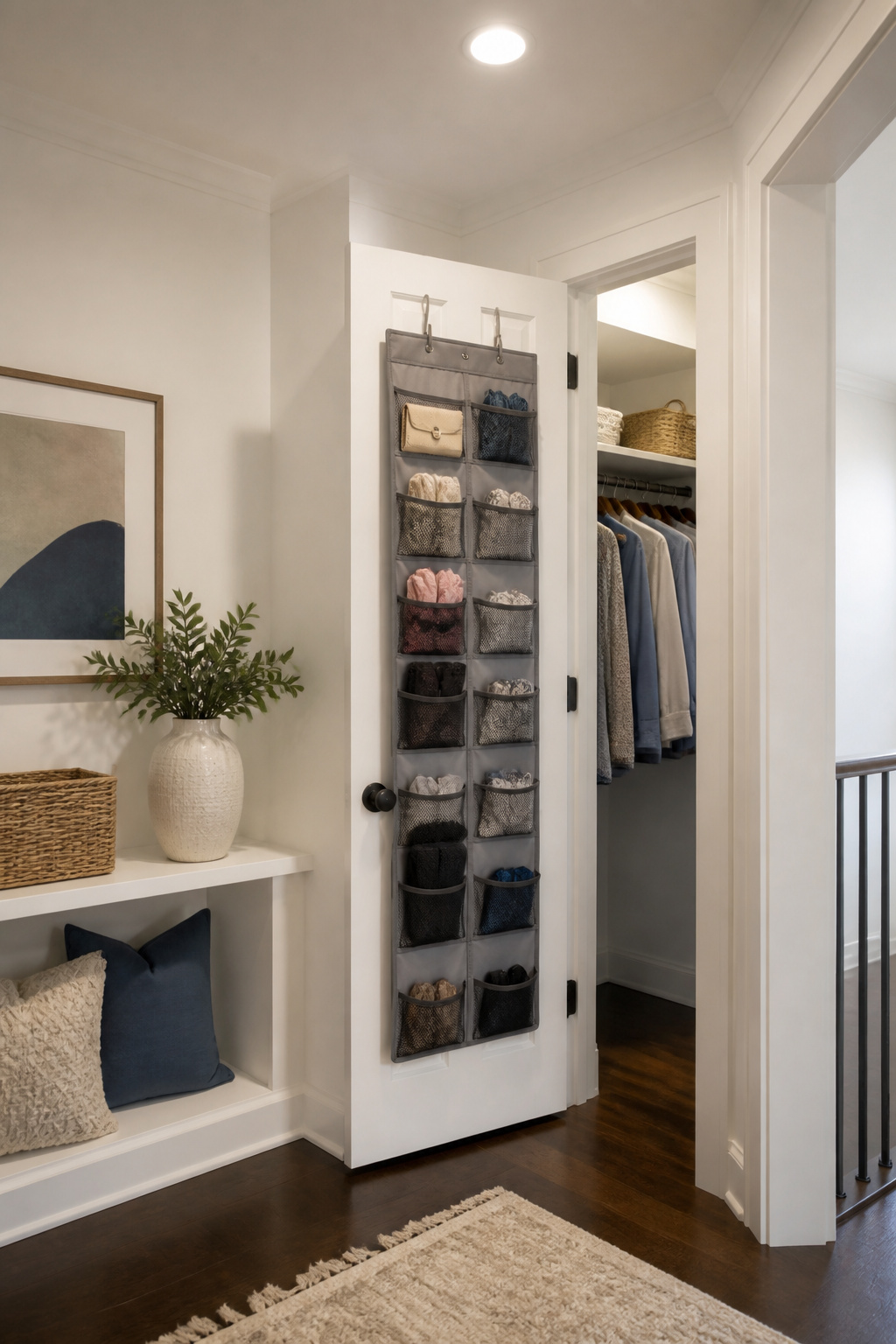Pocket organizers and hooks hanging on the back of a closet door.