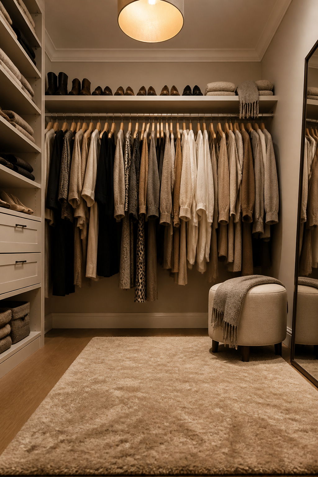 A narrow shelf above a hanging rod storing shoes and scarves.