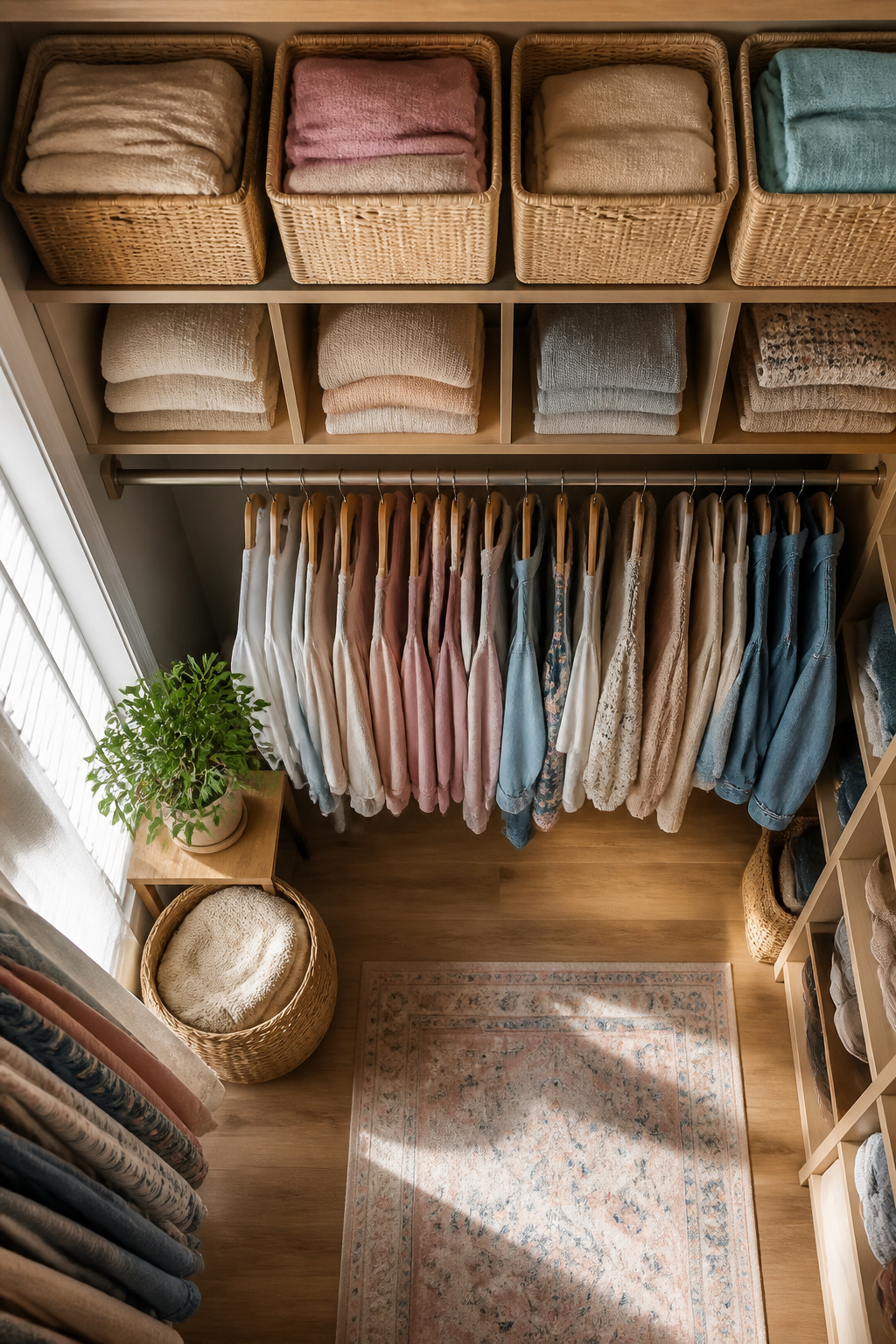 Seasonally labeled storage bins stacked on a closet shelf.