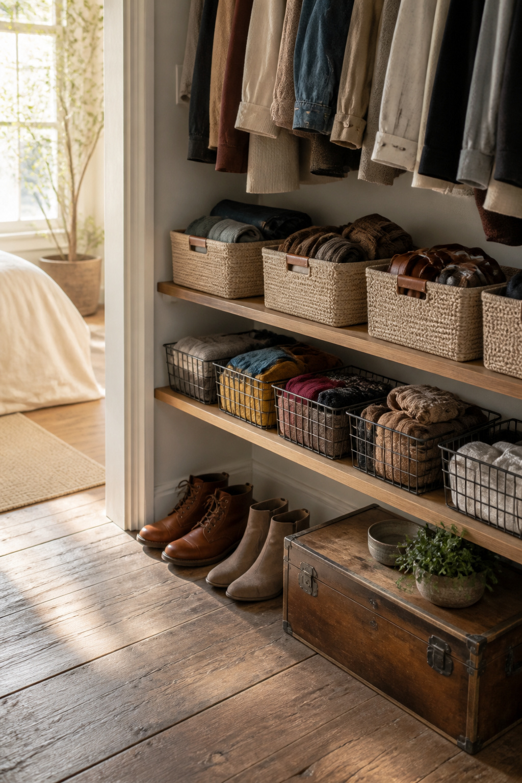 Neatly arranged fabric and wire baskets filled with accessories.