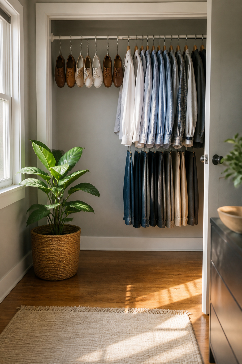 A tension rod with S-hooks displaying shoes and clothing.