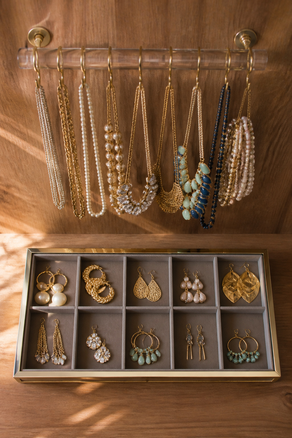 Jewelry organized on trays and wall-mounted hooks in a closet.