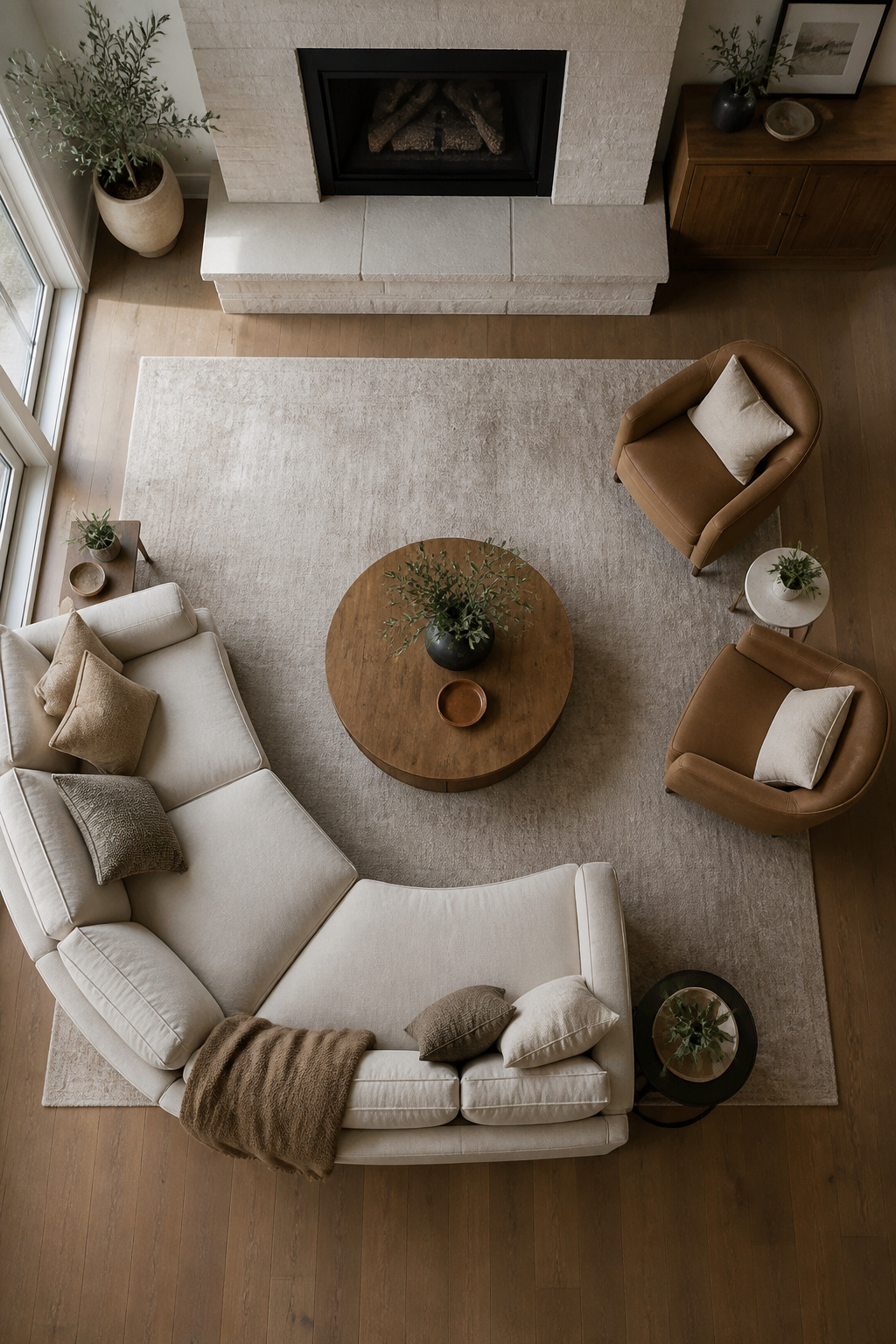 Sofas and chairs arranged in a U-shape in a living room.