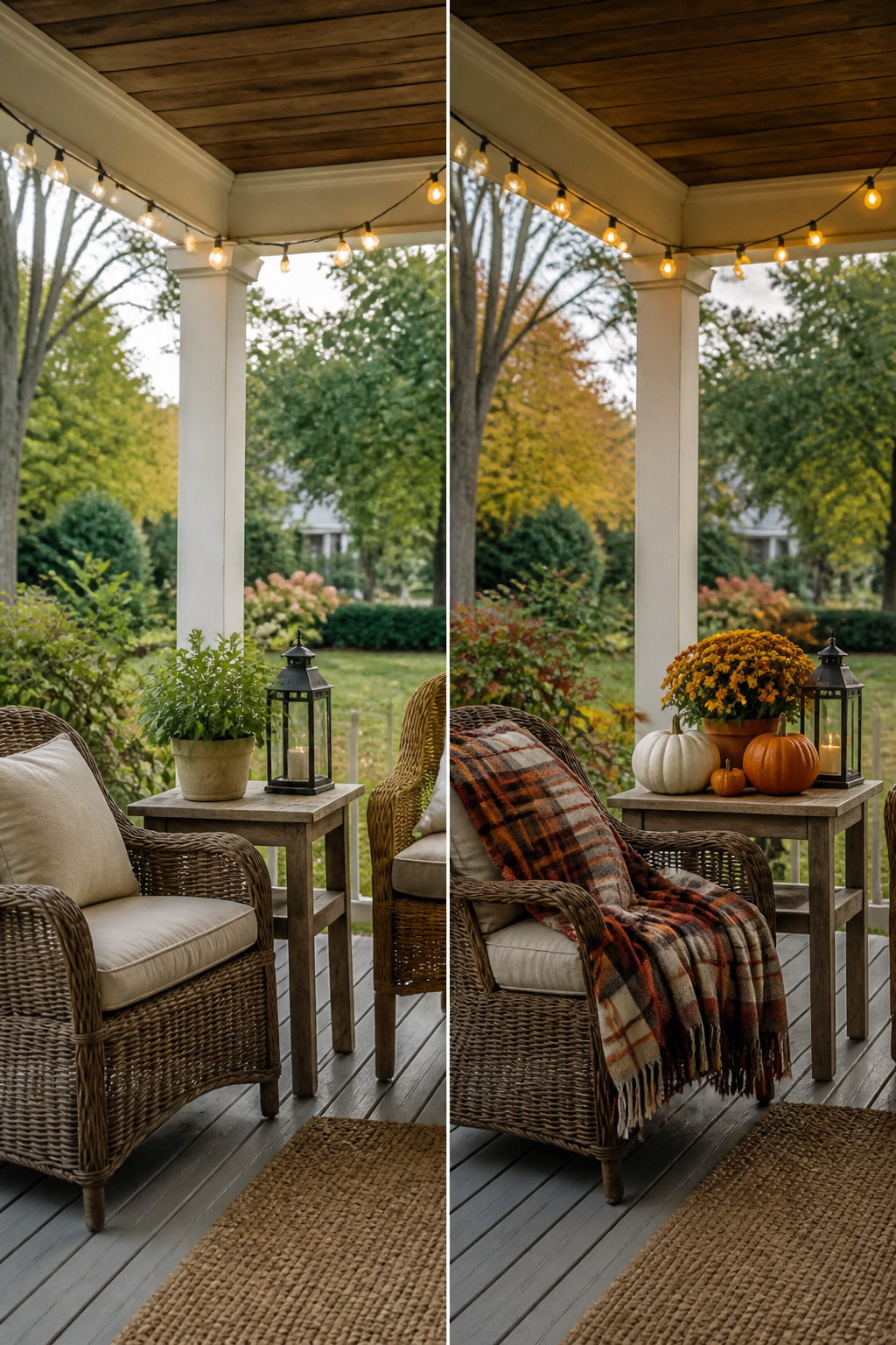Seasonal decorations on a porch, including pumpkins and string lights.