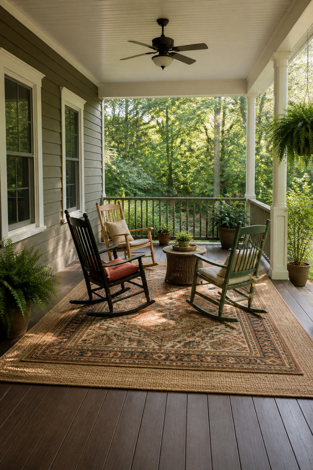 An outdoor rug layered under a seating area on a porch.