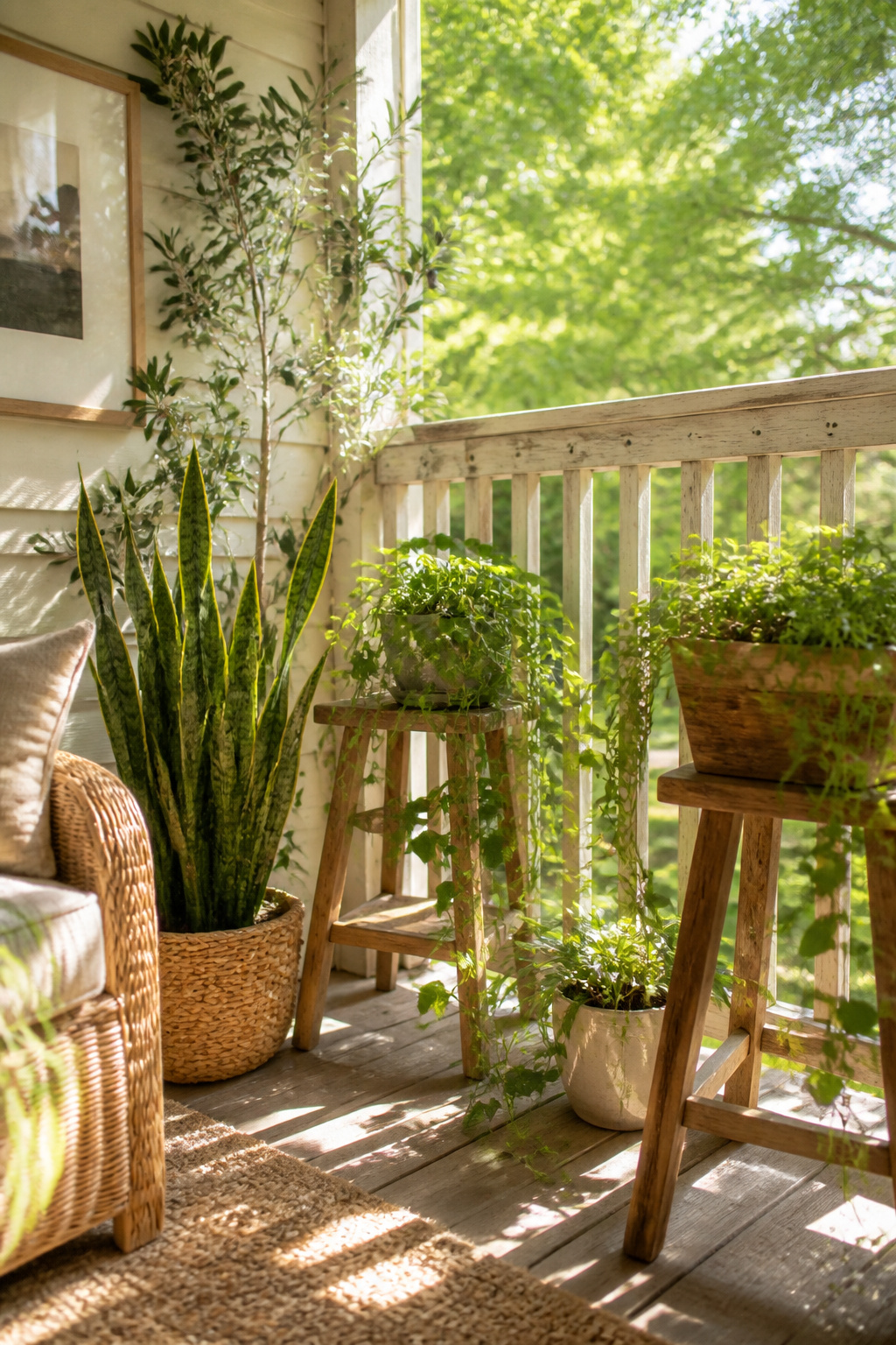 Real and faux plants arranged on a porch with a wooden railing.