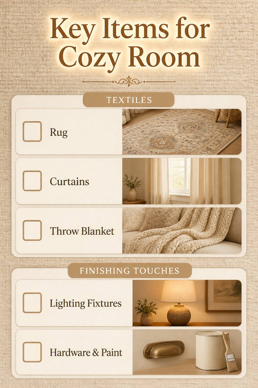 10 Cozy Room Decor Ideas for Warm, Lived-In Style in 2026 15 Key items for a cozy room displayed on a table.