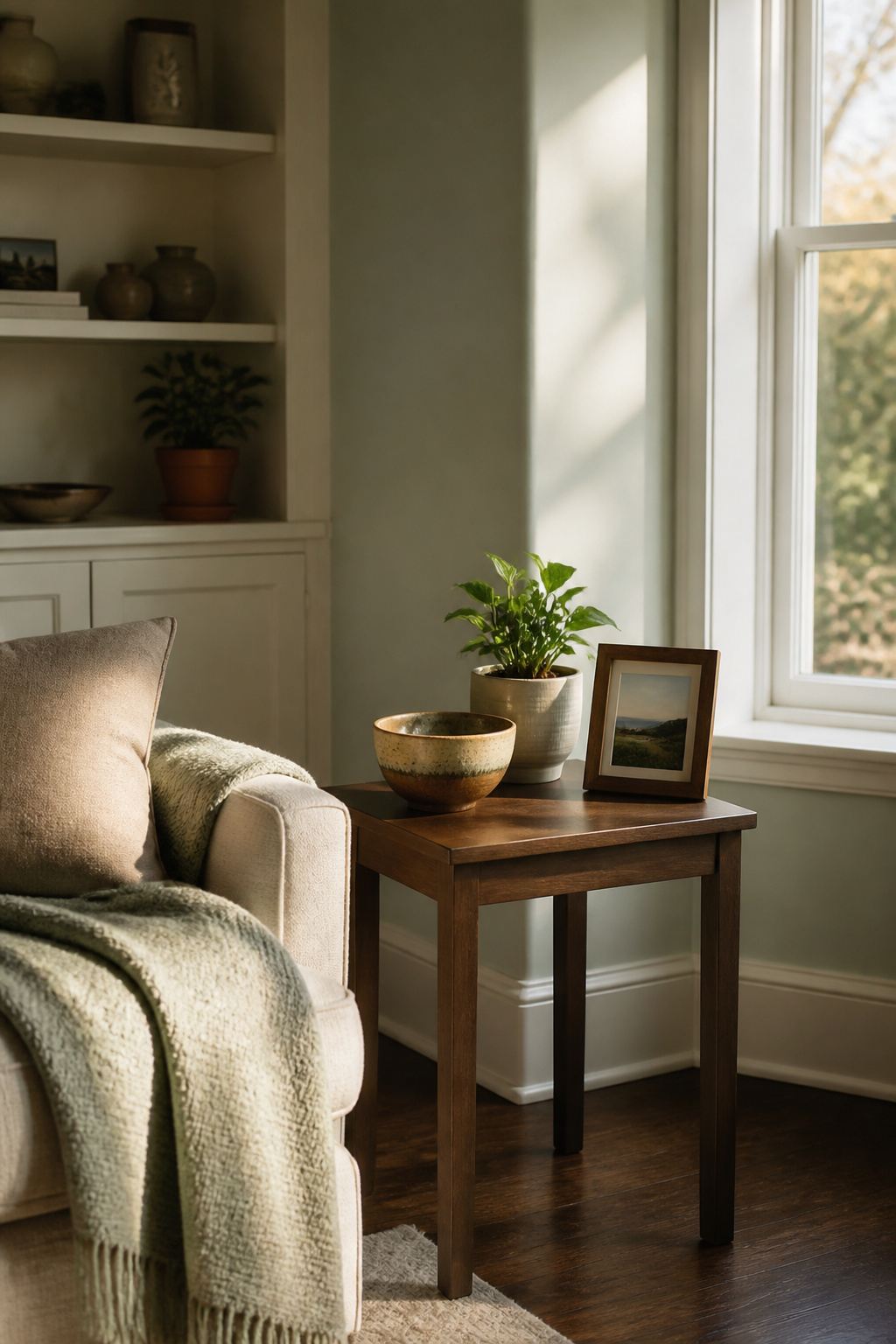 10 Cozy Room Decor Ideas for Warm, Lived-In Style in 2026 19 A side table with three decorative items in a cozy room.