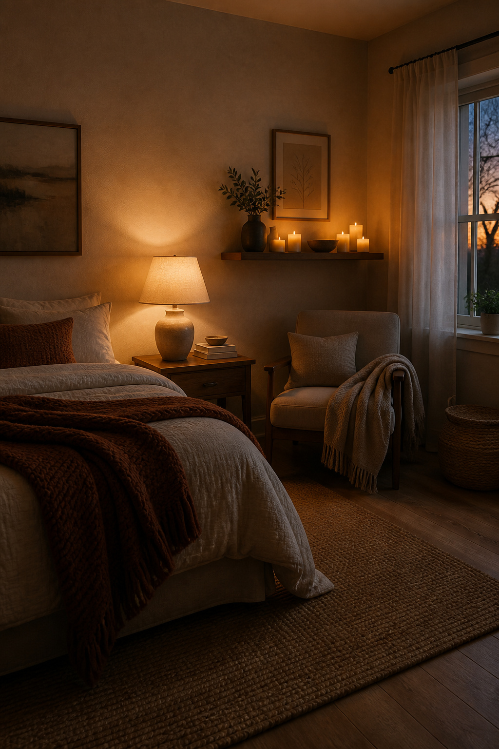 10 Cozy Room Decor Ideas for Warm, Lived-In Style in 2026 3 A cozy room illuminated by soft white bulbs and table lamps.