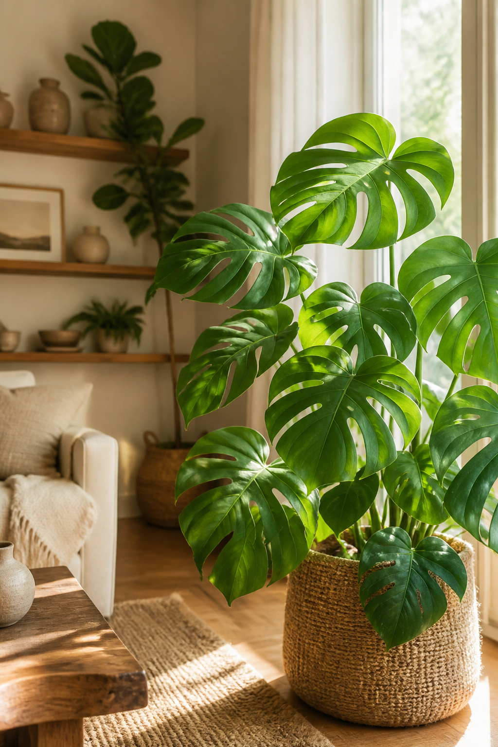 10 Cozy Room Decor Ideas for Warm, Lived-In Style in 2026 5 A Monstera and fiddle leaf fig in a cozy room setting.