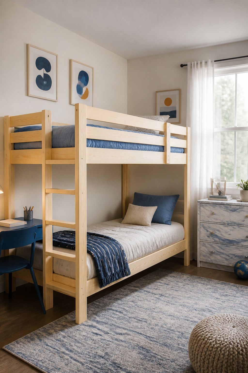 Twin over twin bunk bed in a cozy room with a desk and dresser.