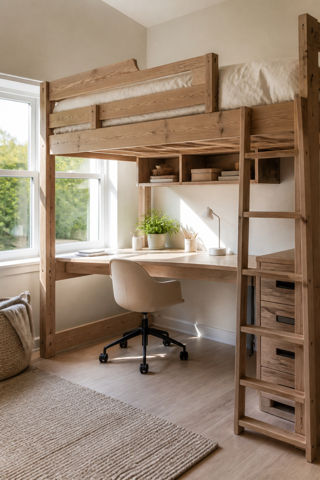 Bunk bed with a desk underneath in a stylish teenager's room.