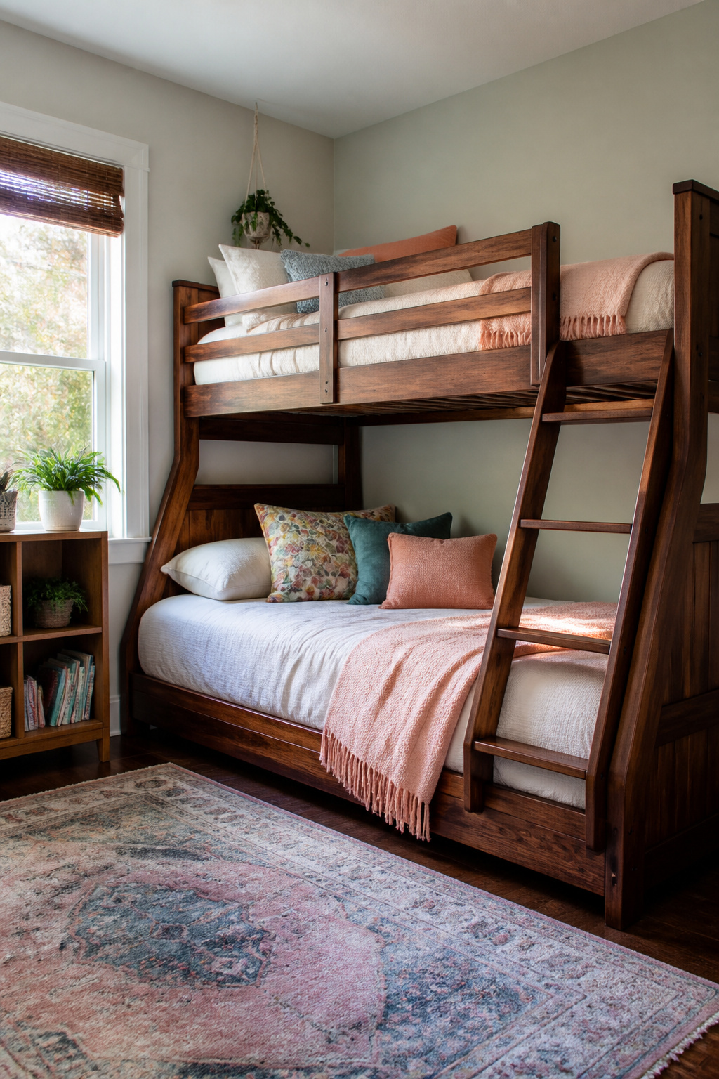 Twin over full bunk bed in a multi-functional bedroom with a bookshelf.
