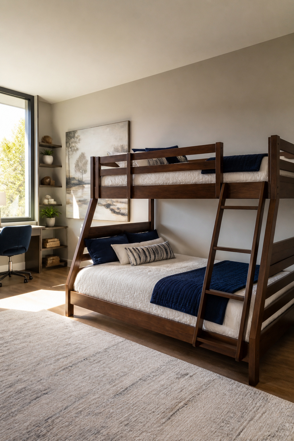 Full over full bunk bed in a spacious guest room with a desk.