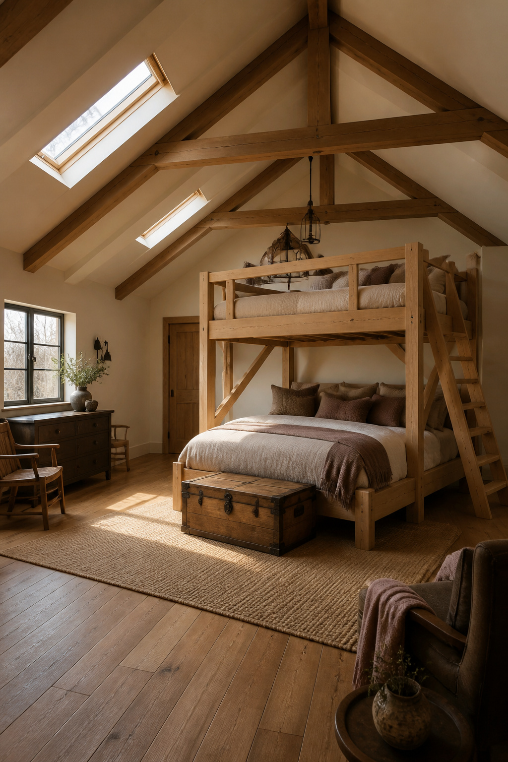 Queen over queen bunk bed in a room with a high ceiling.