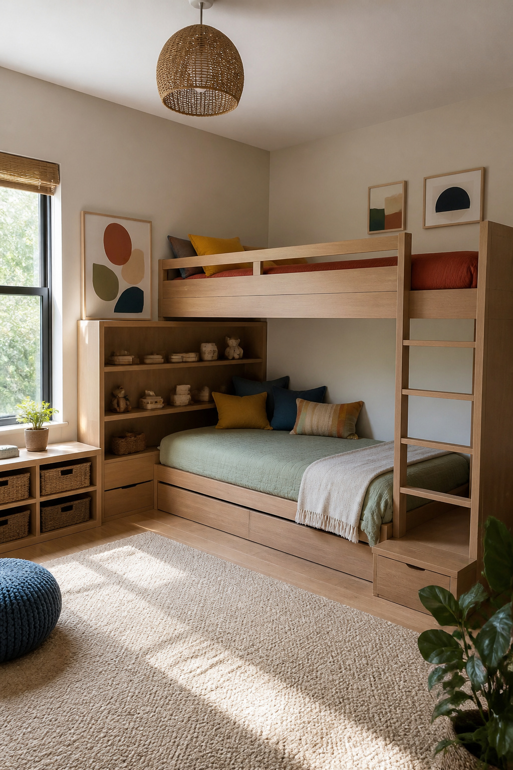 L-shaped bunk bed in a room with a bookcase integrated.