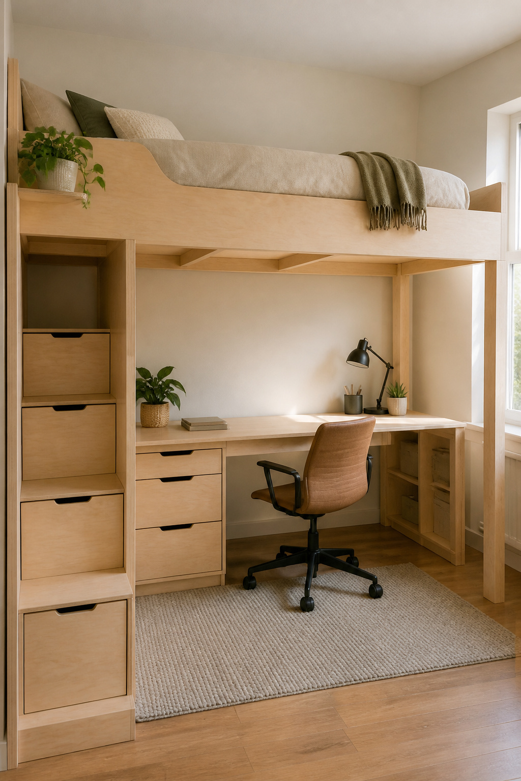 Loft bed in a home office with a desk underneath.