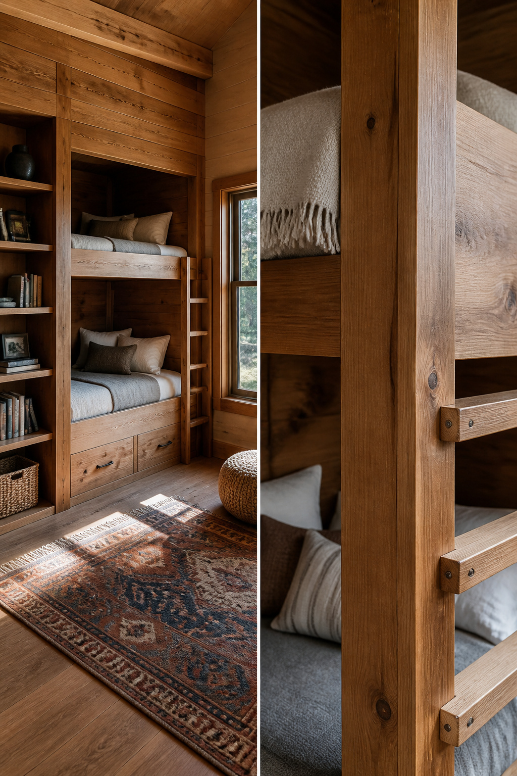 Built-in bunk beds anchored to the wall in a cozy room.