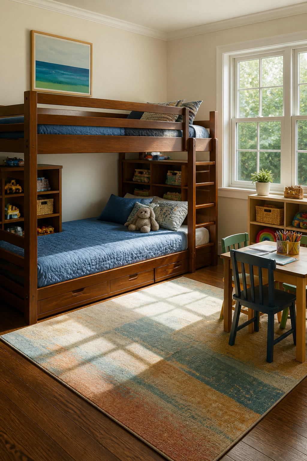 Bunk beds with integrated storage units in a children's playroom.