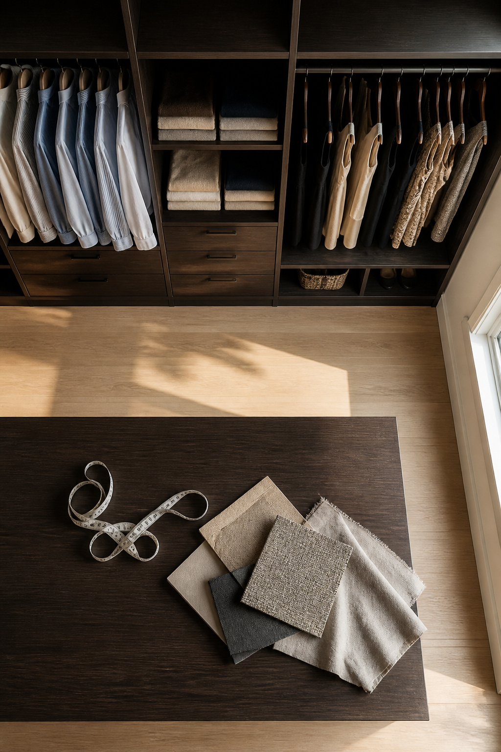 Custom Walk-In Closet Design and Installation Guide 2026 1 A layout plan for a custom walk-in closet showing various storage areas.