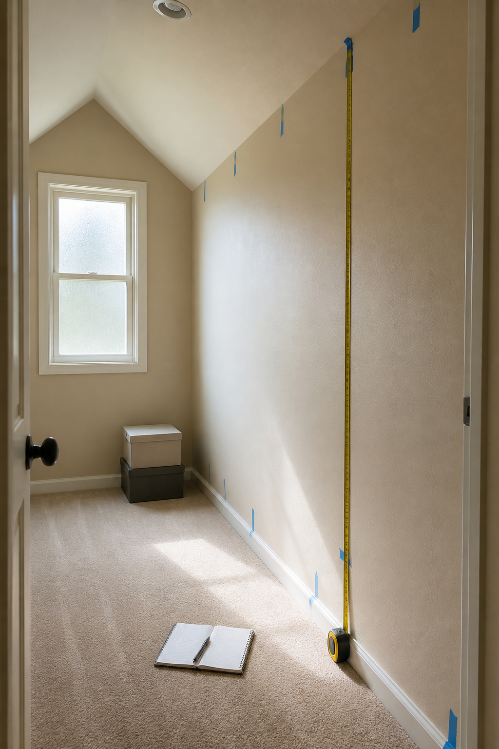 Custom Walk-In Closet Design and Installation Guide 2026 2 A person measuring the walls of a walk-in closet with painter's tape.