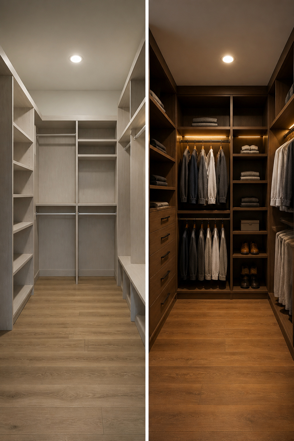 Custom Walk-In Closet Design and Installation Guide 2026 3 Various wood and MDF materials for custom closet building displayed.