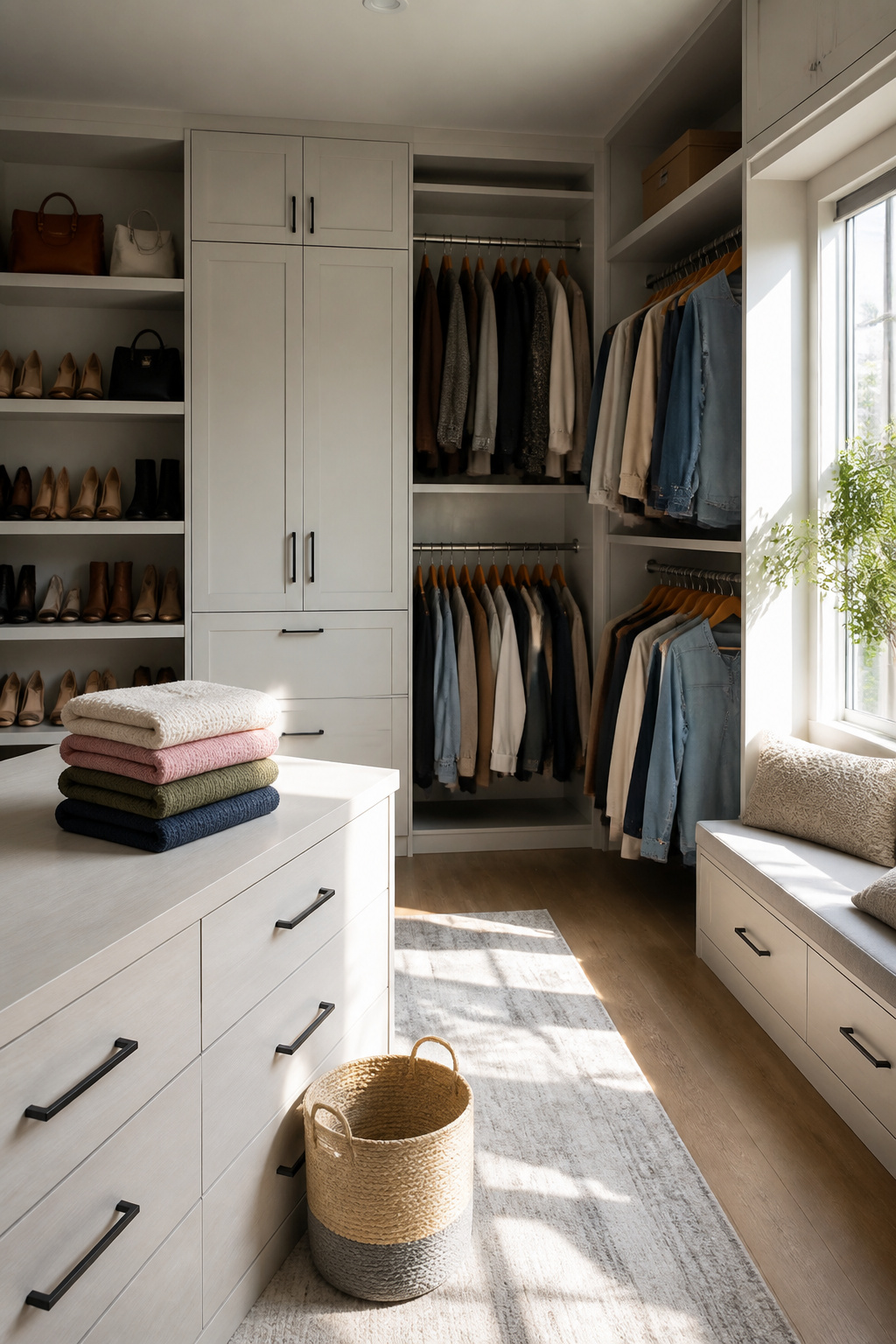 Custom Walk-In Closet Design and Installation Guide 2026 5 A walk-in closet with neatly arranged shelves and hanging rods.