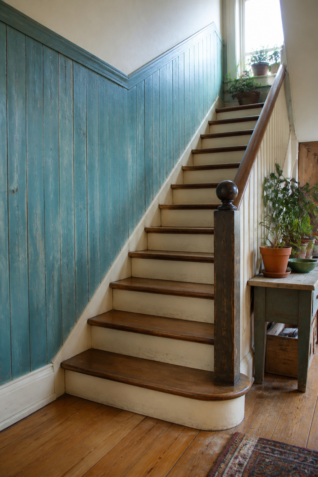 Turquoise beadboard wainscoting with uneven edges and soft hues in a stairwell.