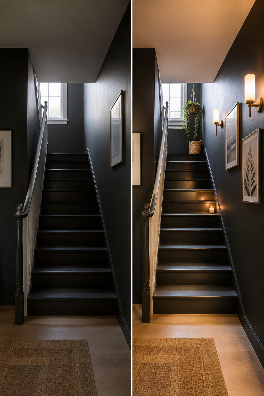 A stair wall painted in dark charcoal, contrasting with light fixtures.