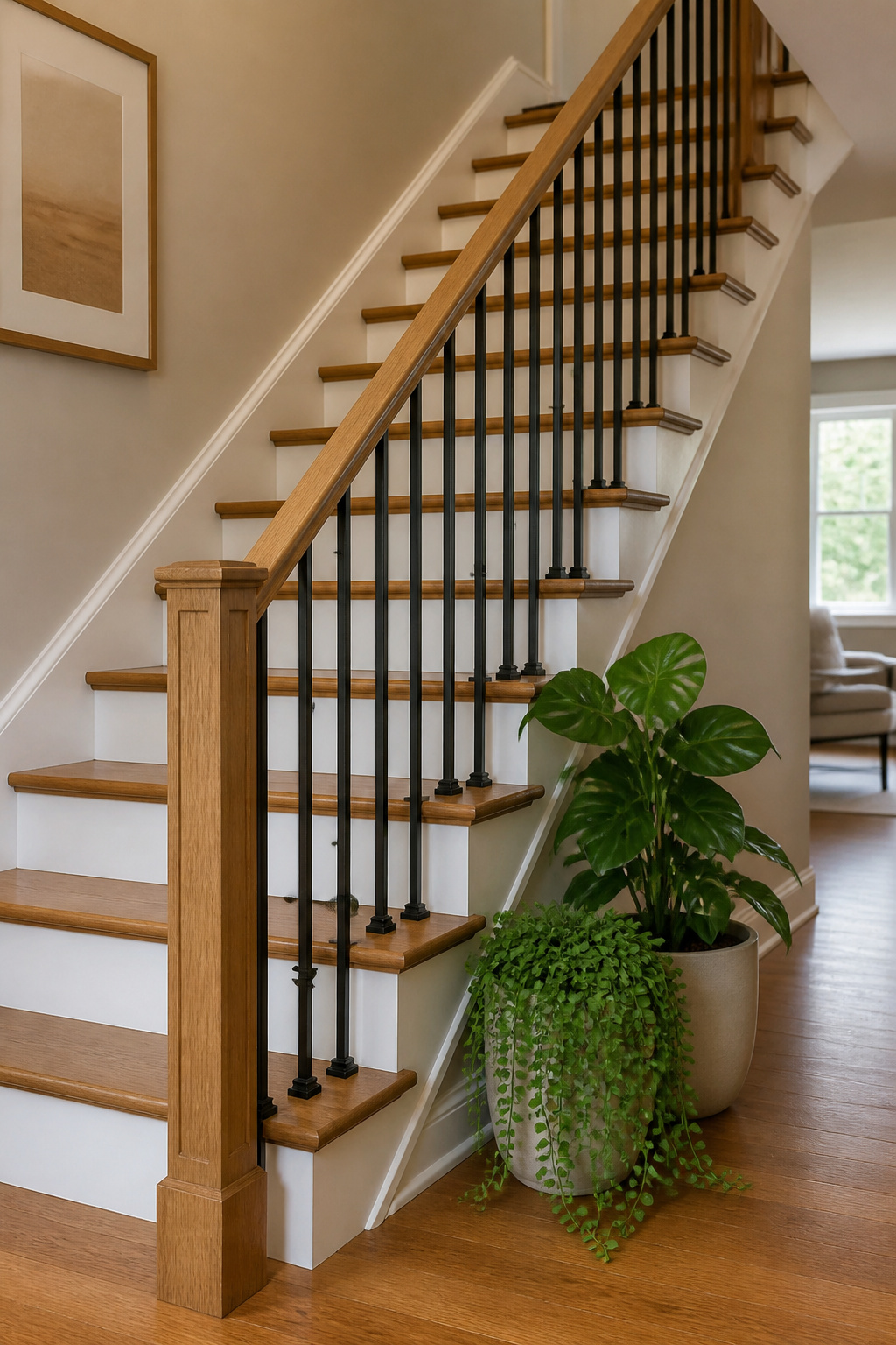 Wooden handrail with iron balusters along a staircase.