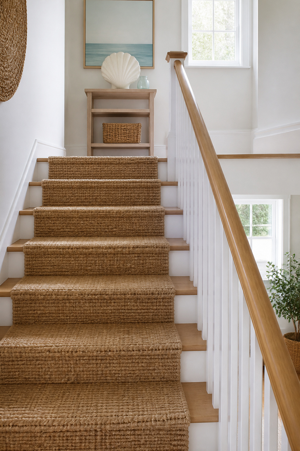 Woven seagrass stair runners leading up a coastal-themed staircase.