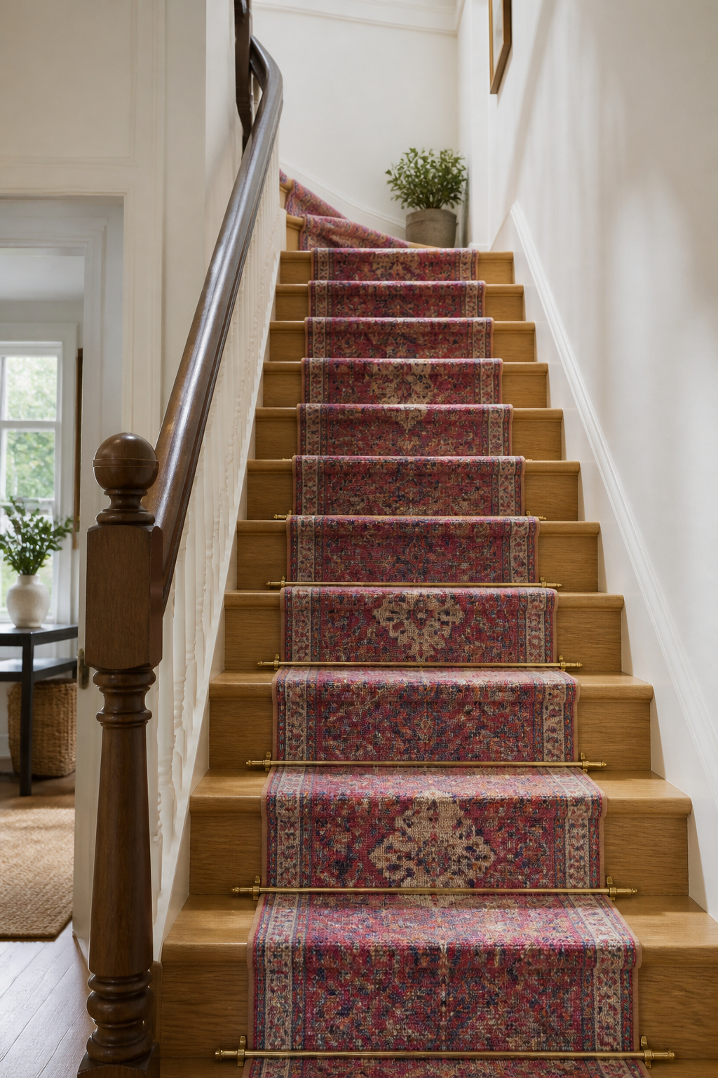 A colorful stair runner anchored with brass clips on the steps.