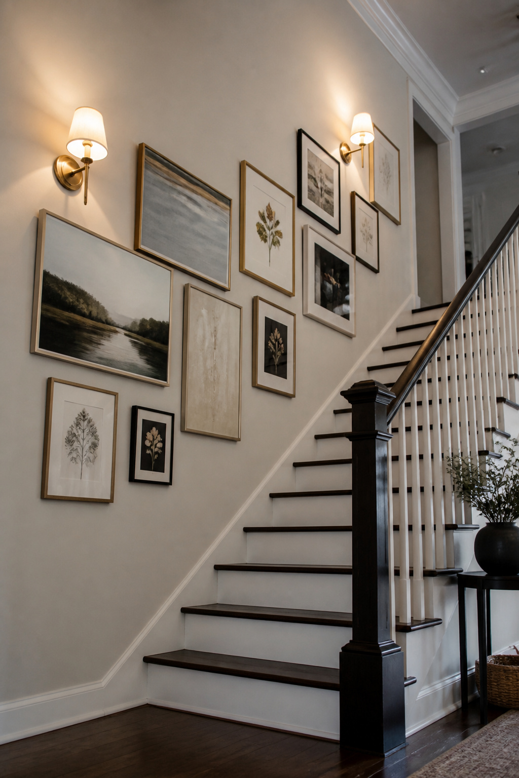 A gallery wall with frames arranged to follow the incline of the stairs.