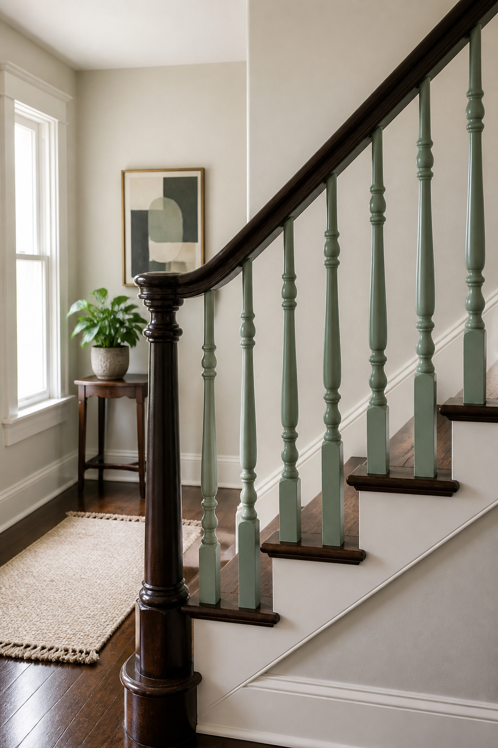 Painted balusters alongside a wooden handrail on a staircase.