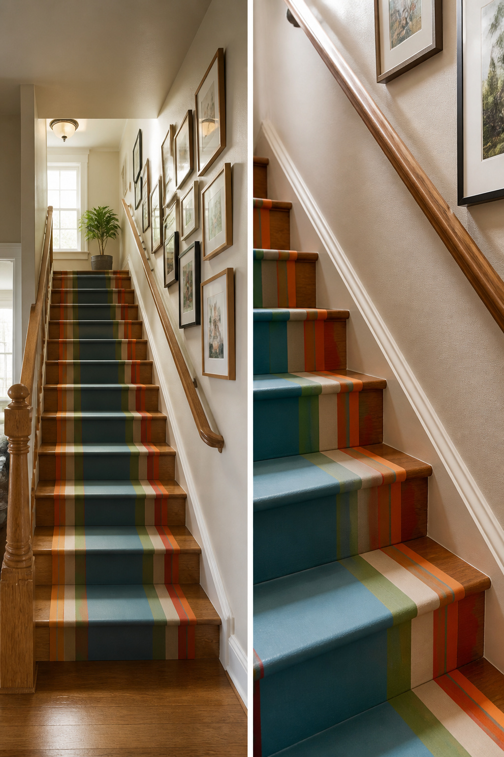 A stairwell with bare wood treads and a painted runner.