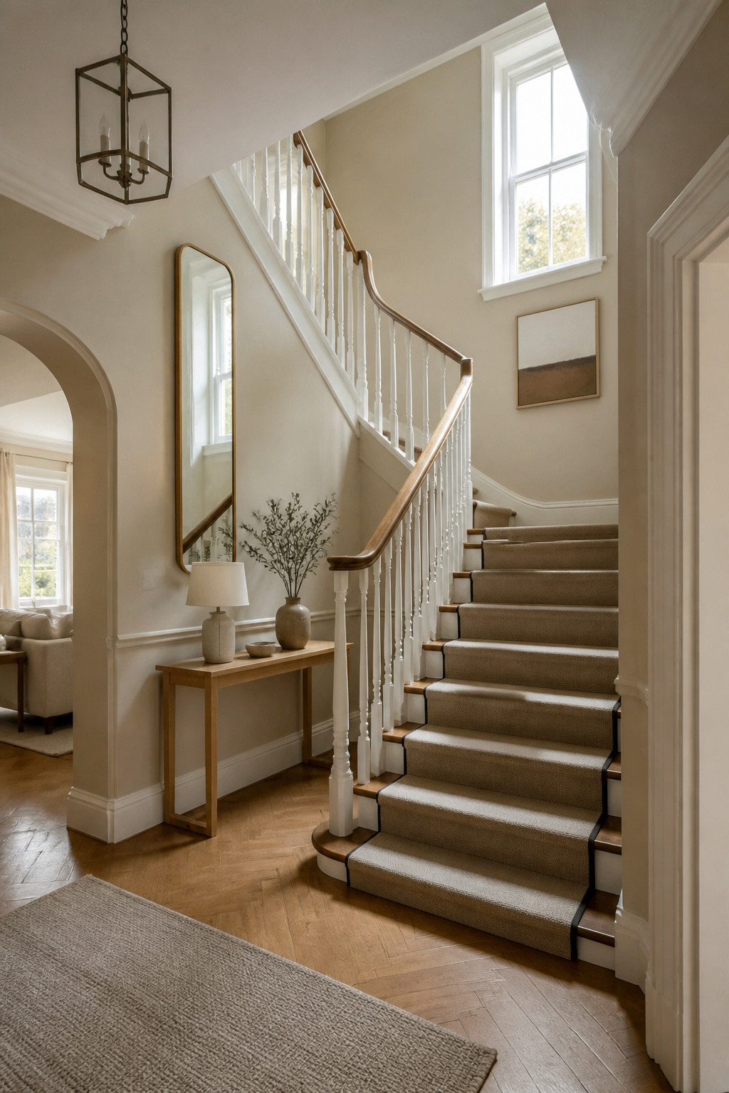 A mirror positioned on a stair wall, reflecting light and surroundings.