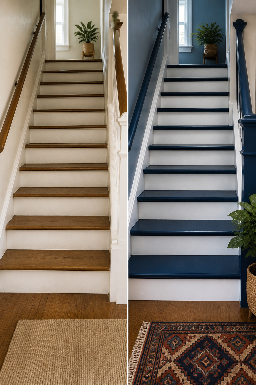 A staircase painted in a saturated blue with white risers.