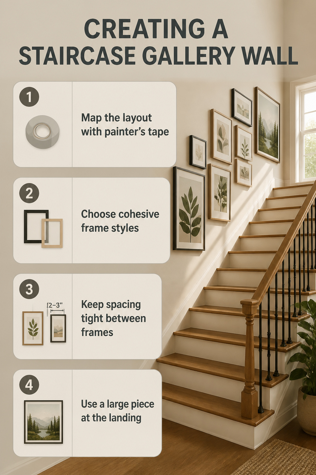 Art frames hung on a staircase wall, ascending with the incline.