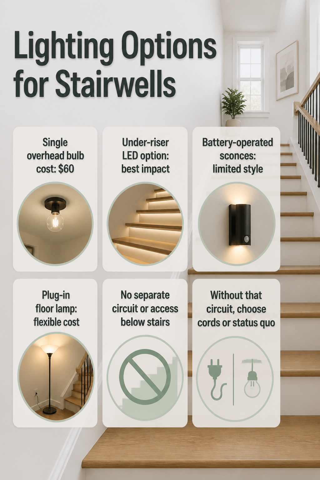 A well-lit stairwell with a floor lamp and overhead light.