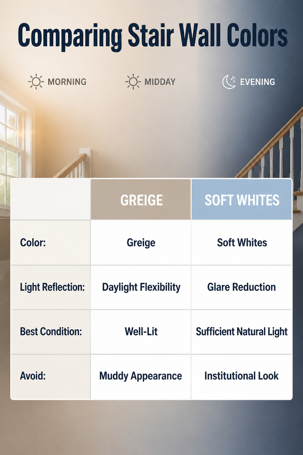 A stair wall painted in greige, reflecting different light conditions.